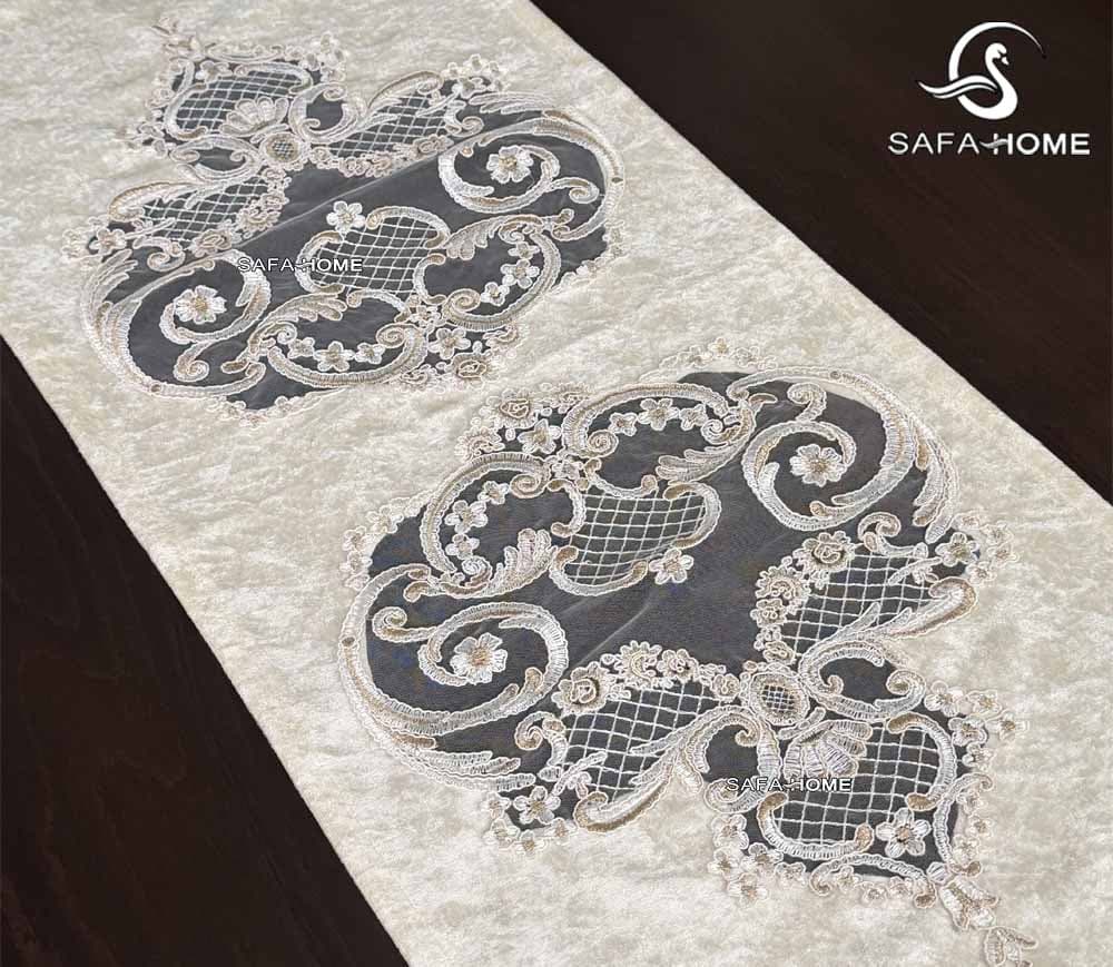 رومیزی 4 تکه مخمل دانتل گل برجسته سلطنتی — تصویر ۸