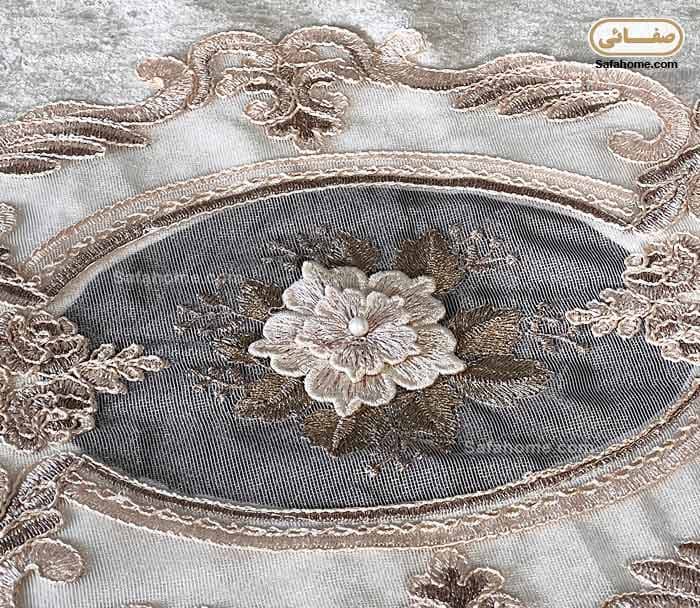 رومیزی گرد مخمل گل برجسته دایان شیری قطر 100 — تصویر ۵