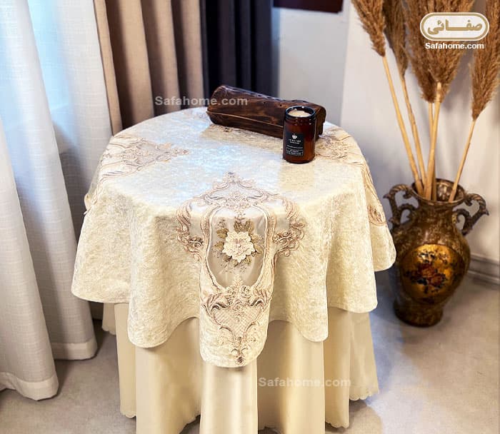 رومیزی گرد مخمل گل برجسته دایان شیری قطر 100