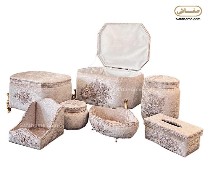 سرویس صندوقچه مخمل 7 تکه طرح گیپور برجسته لارسیا نسکافه ای