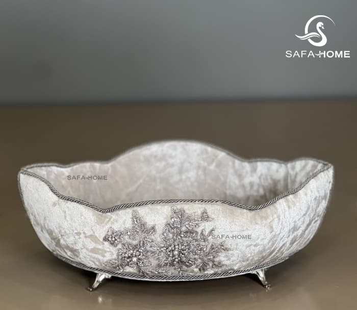 کشکول پایه دار مخمل گیپور صفاهوم نقره ای 10 — تصویر ۲