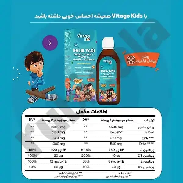 شربت روغن ماهی امگا 3 با طعم پرتقال ویتاگو 150ml — تصویر ۴