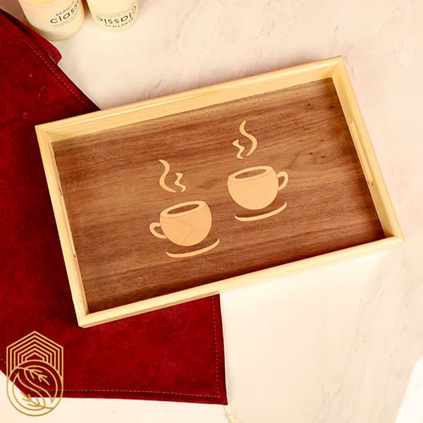 سینی سرو و پذیرایی چوبی طرح فنجون کد sh70 — تصویر ۲