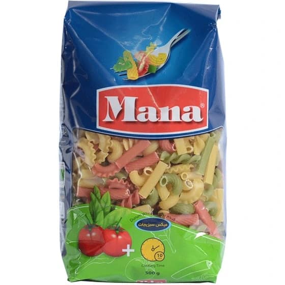 ماکارونی فرمی سبزیجات پیچ (مته) 500 گرمی مانا در بسته بندی 20 عددی