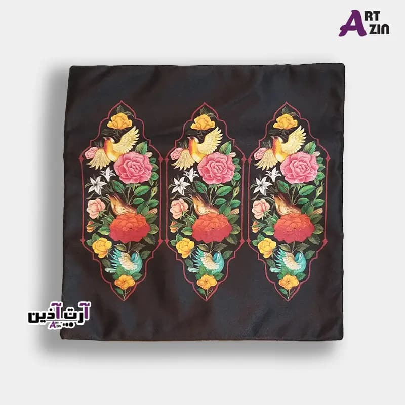 کاور کوسن مخمل مشکی طرح گل و مرغ کد: 22-601