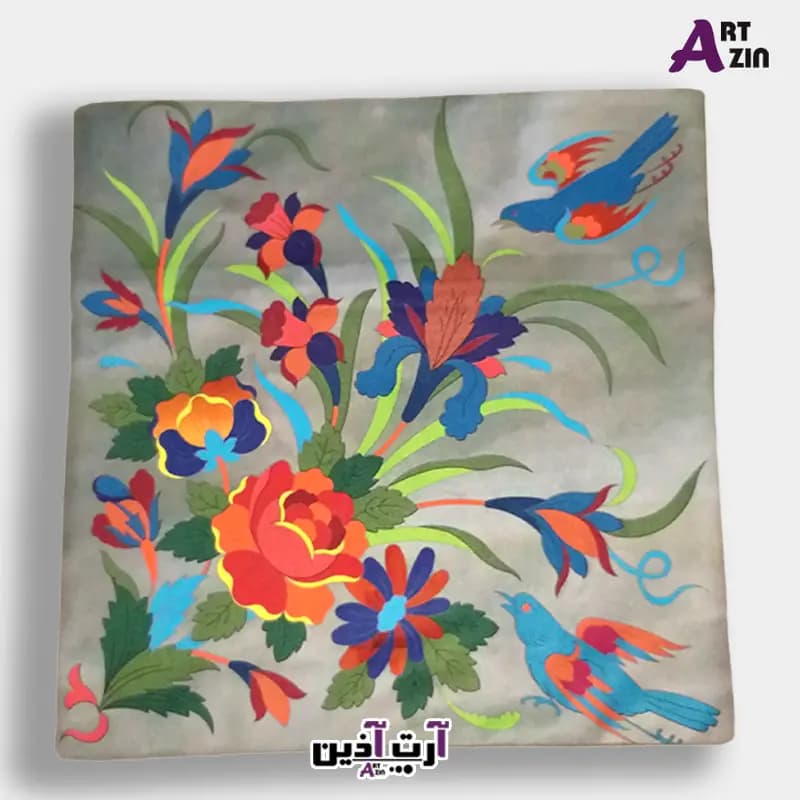کوسن سنتی مبل مخمل رنگ طوسی طرح گل و مرغ کد: 7-601