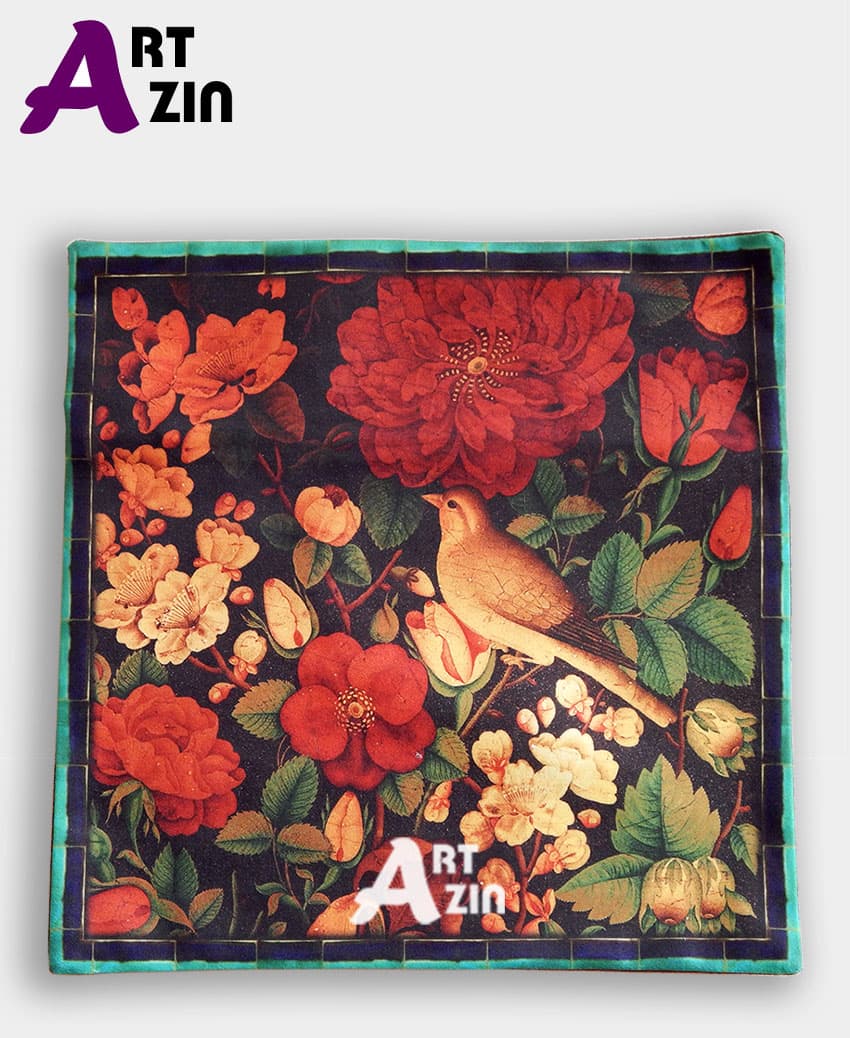 کوسن مبل سنتی مخمل چاپی طرح گل و مرغ بزرگ 40 سانتی کد: 4-601