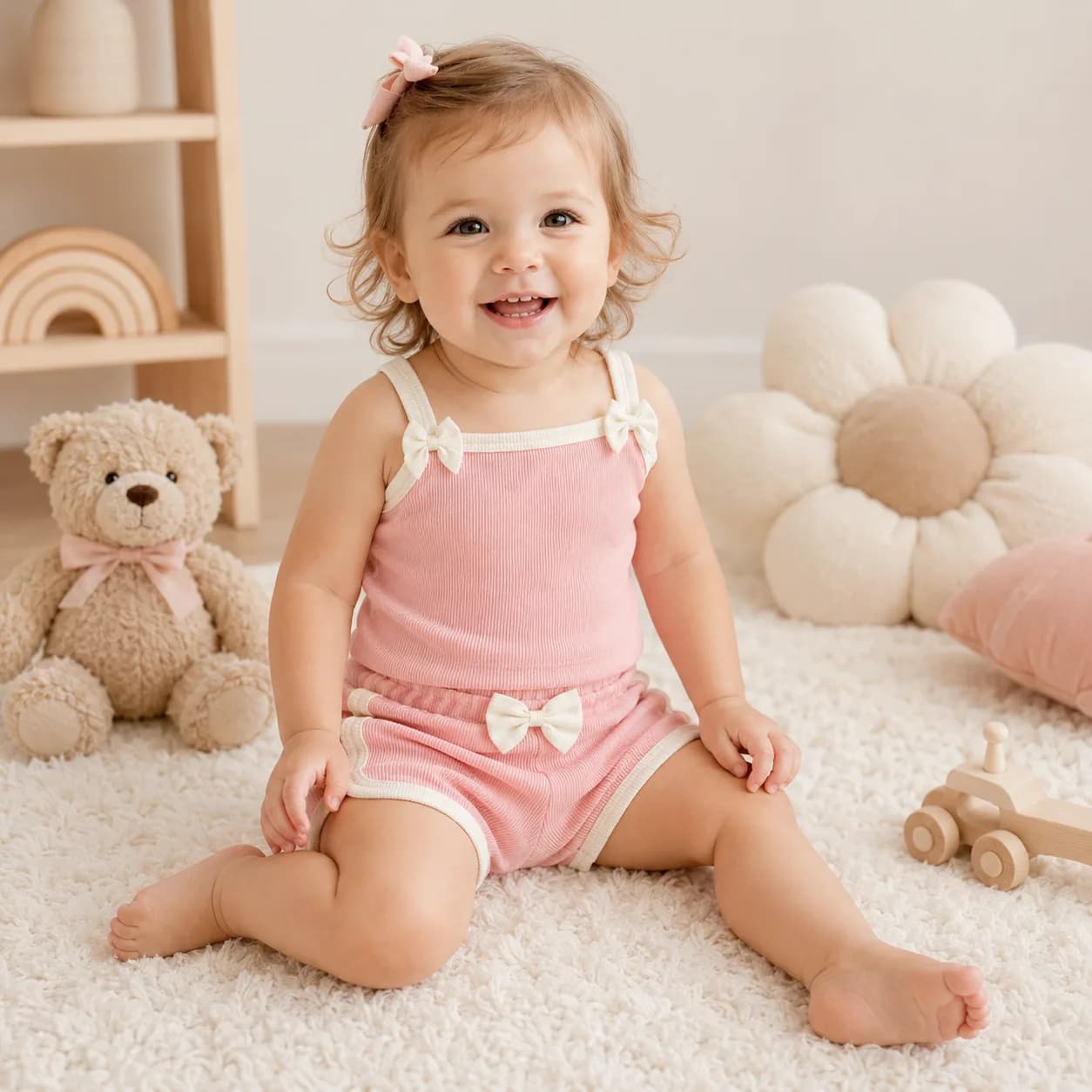 ست تاپ شلوارک بچه گانه دخترانه صورتی پاپیونی مناسب3 تا 18 ماه — تصویر ۲