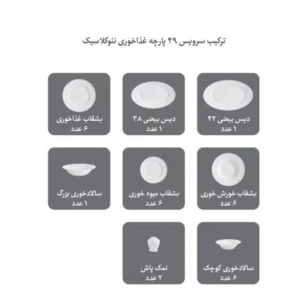 سرویس چینی زرین پیکره نئوکلاسیک مدل پرنسا 6 نفره 29 پارچه — تصویر ۳