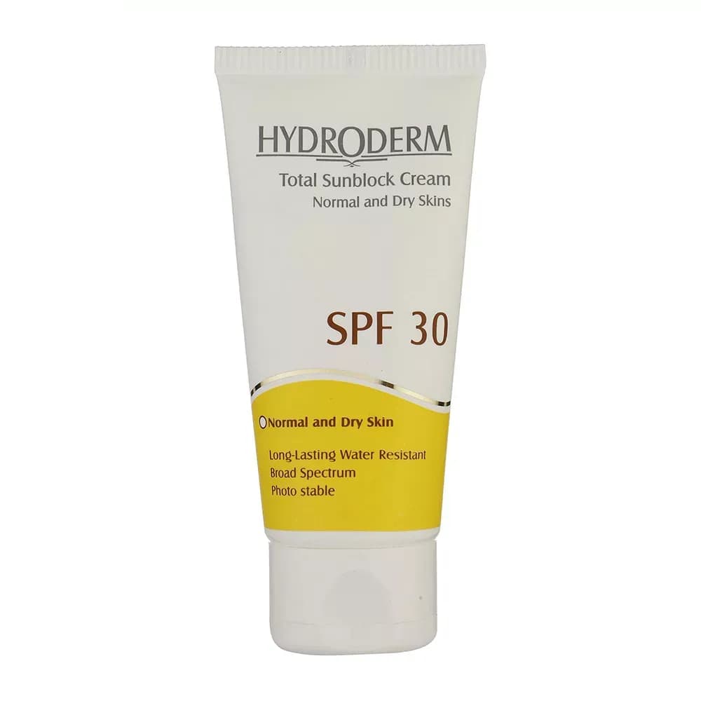 کرم ضدآفتاب بی‌رنگ هیدرودرم SPF30 مناسب پوست‌ نرمال و خشک حجم 50 میلی‌لیتر