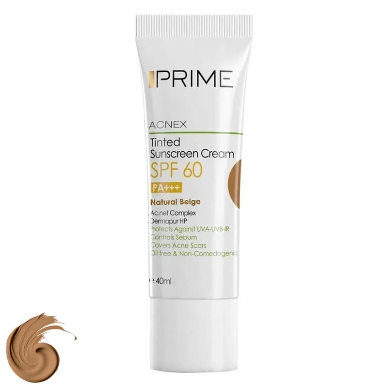 کرم ضدآفتاب رنگی پرایم، 60 SPF، مدل 02، مناسب پوست چرب و مختلط تنالیته رنگ متوسط و حجم 40 میلی‌لیتر، محافظت کننده در برابر اشعه UVA،IRو UVB، کنترل کننده ترشح سبوم، فاقد چربی و غیر کومدون‌زا، +++PA، پو — تصویر ۹