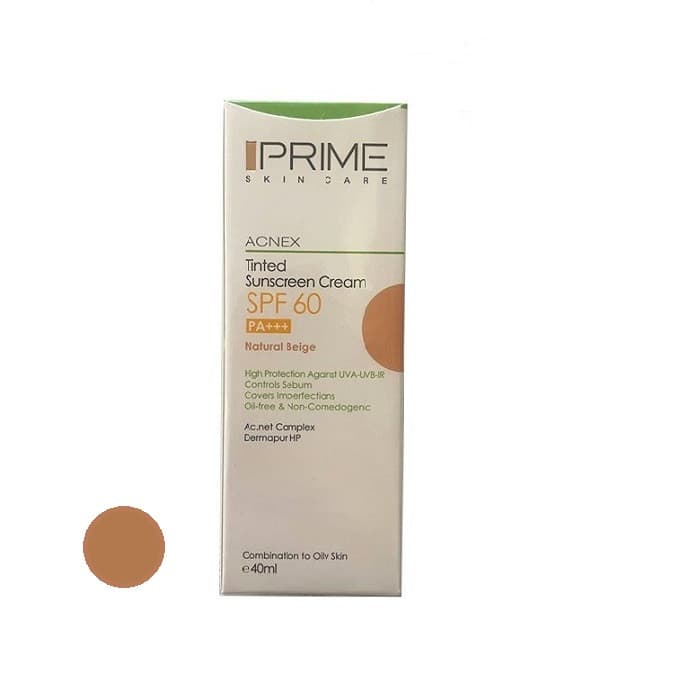 کرم ضدآفتاب رنگی پرایم، 60 SPF، مدل 02، مناسب پوست چرب و مختلط تنالیته رنگ متوسط و حجم 40 میلی‌لیتر، محافظت کننده در برابر اشعه UVA،IRو UVB، کنترل کننده ترشح سبوم، فاقد چربی و غیر کومدون‌زا، +++PA، پو — تصویر ۵