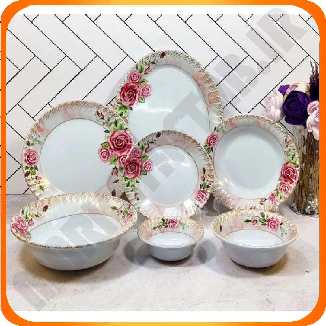 سرویس 33 پارچه گرد طرح پیچ گل رزا ملامین آیسان