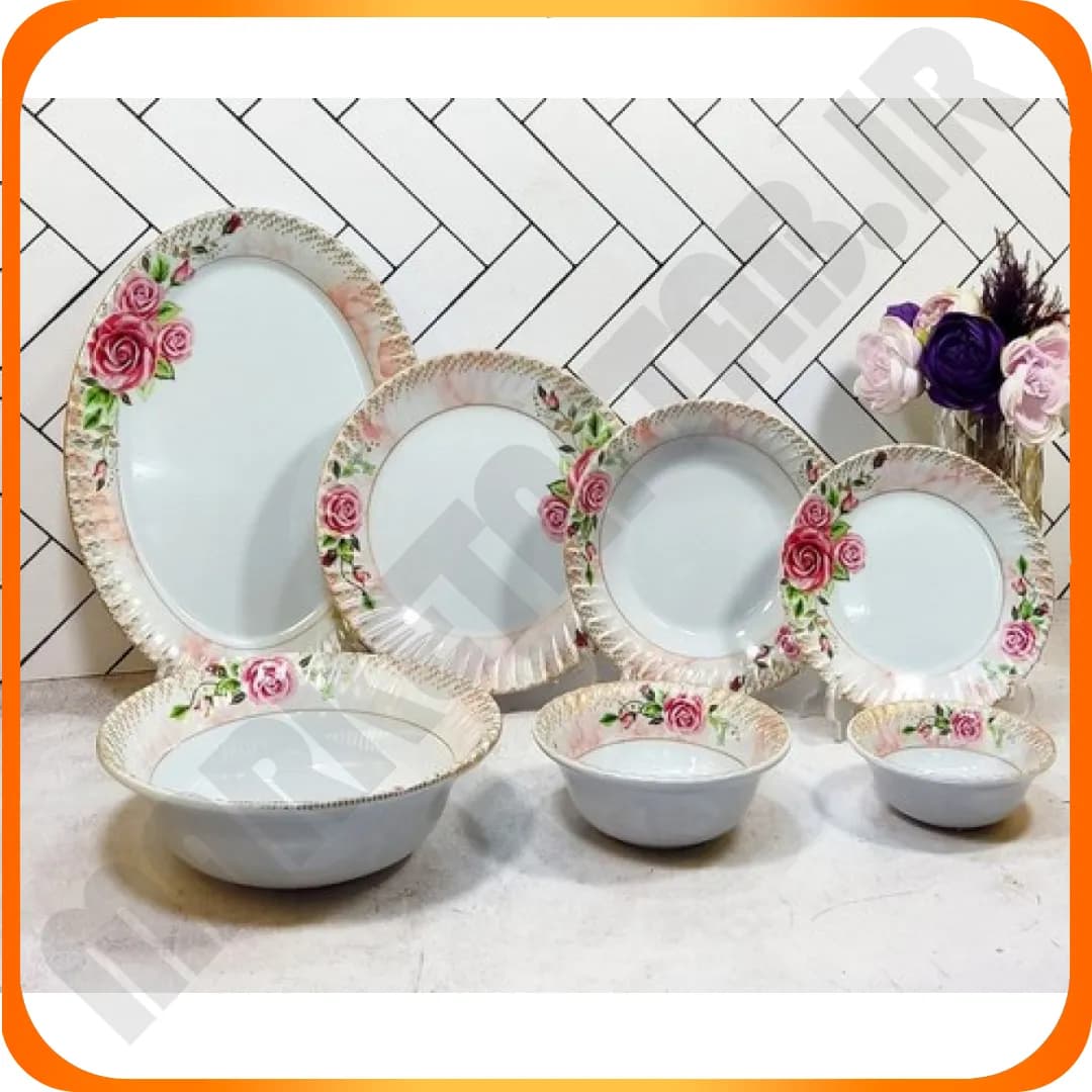 سرویس 33 پارچه گرد طرح پیچ گل رزا ملامین آیسان — تصویر ۳