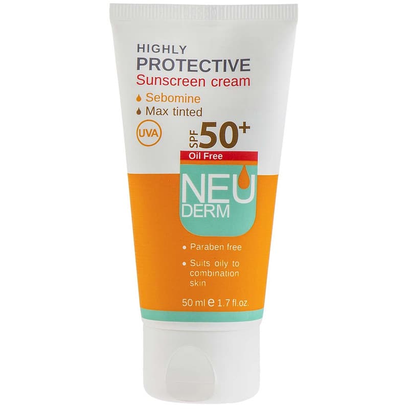 کرم ضد آفتاب رنگی نئودرم SPF 50 مدل Highly Protective Max Tinted محافظ UVA، مناسب پوستهای چرب و مختلط حجم 50 میلی لیتر — تصویر ۲