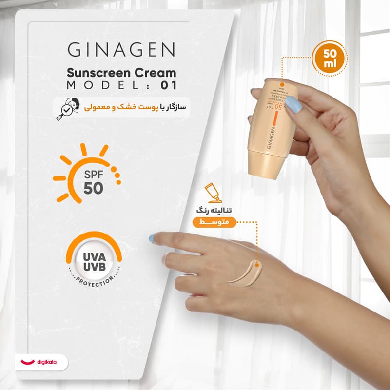 کرم ضد آفتاب رنگی ژیناژن، SPF 50، مدل 01، مناسب پوستهای خشک و نرمال با تنالیته متوسط و حجم 50 میلیلیتر، ضد آب، فاقد پارابن، محافظتکننده در برابر اشعههای UVA و UVB، ارای فرمولاسیون بدون الکل و گلی — تصویر ۶