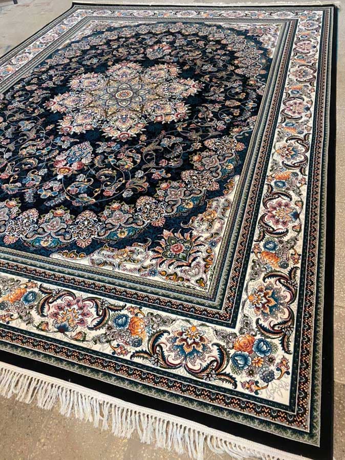 فرش ماشینی ۷۰۰ شانه اکریلیک نقشه میخک رنگ سرمه ای