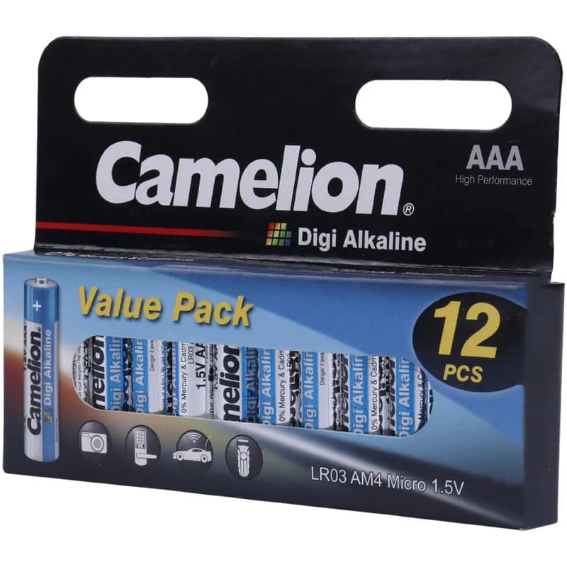 باتری نیم قلمی Camelion Digi Alkaline LR03 AM4 1.5V AAA بسته 12 عددی — تصویر ۵