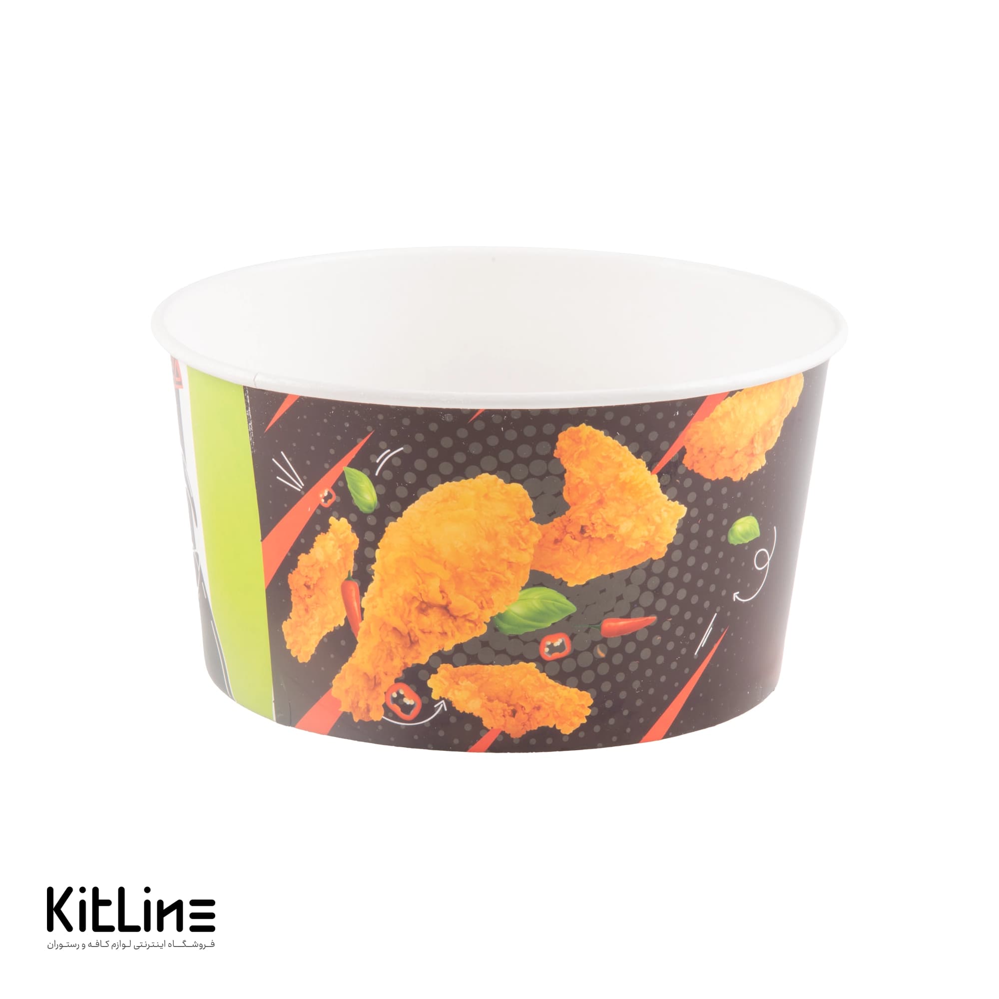 سطل سوخاری یکبار مصرف کاغذی ۲ لیتری طرح فراید چیکن مشکی همراه درب پاپک (بسته ۲۰۰ عددی) — تصویر ۳
