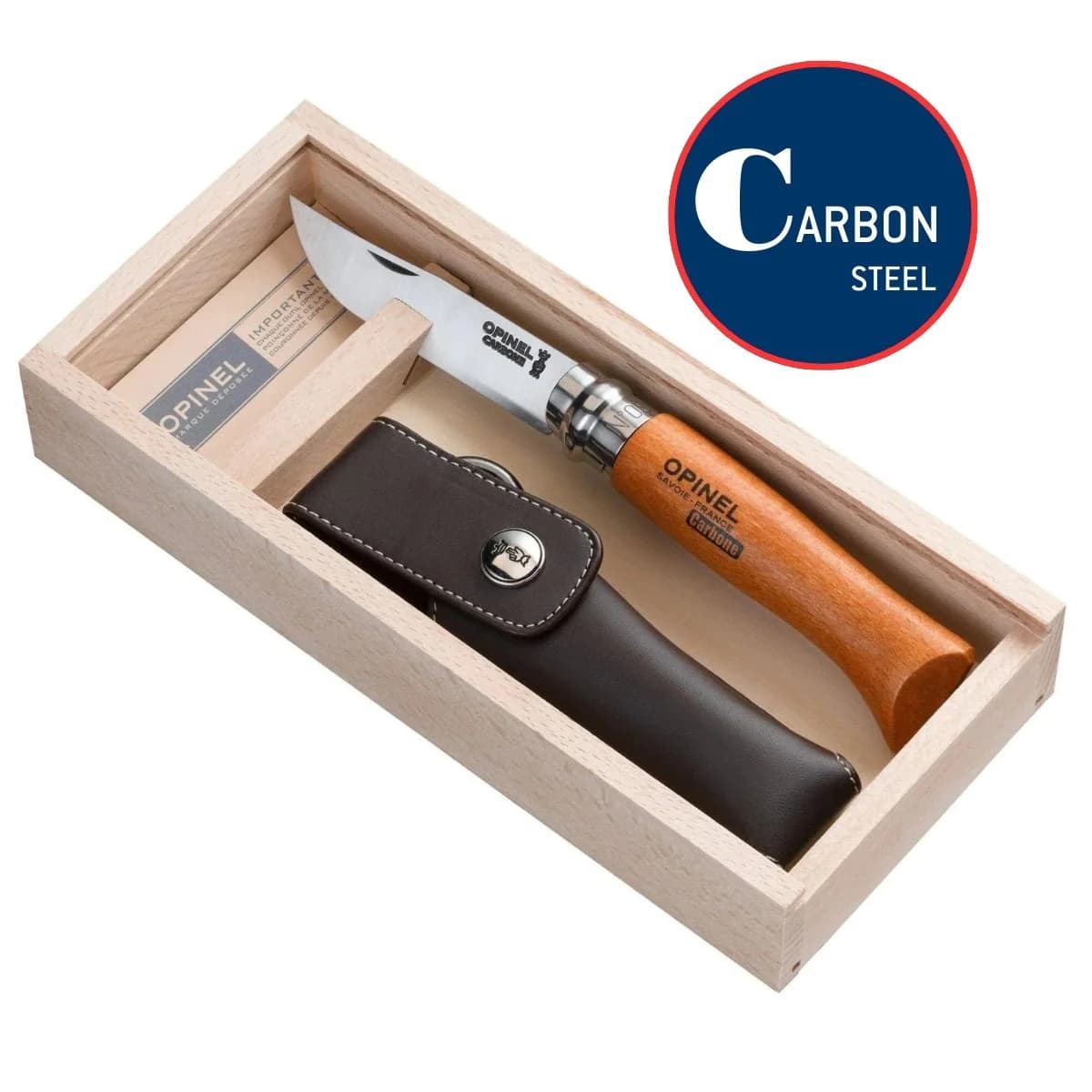 چاقو اپینل 08 کربن + غلاف چرم Opinel No.08 Carbon Steel Folding Knife with Sheath