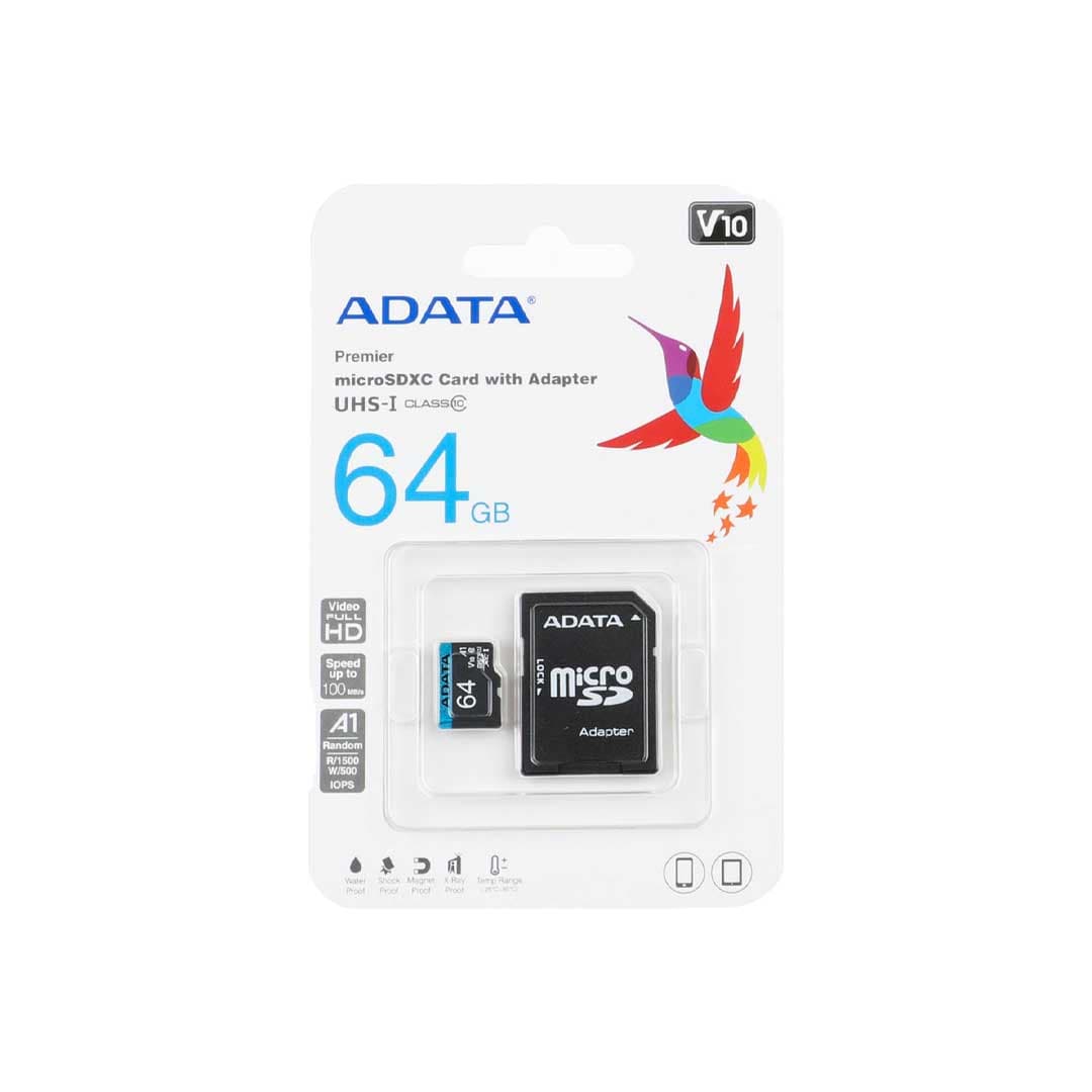 کارت حافظه microSDXC ای دیتا مدل Premier V10 A1 کلاس 10 سرعت 100MBps ظرفیت 64 گیگابایت