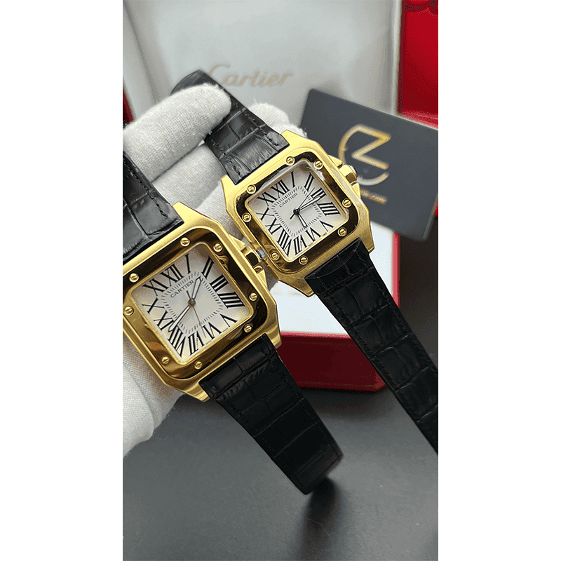 ساعت مچی کارتیر سانتوز (تک و ست) طلایی صفحه سفید Cartier Santos Golden White Screen — تصویر ۳