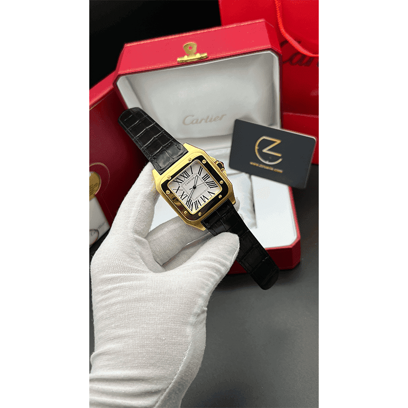 ساعت مچی کارتیر سانتوز (تک و ست) طلایی صفحه سفید Cartier Santos Golden White Screen — تصویر ۷