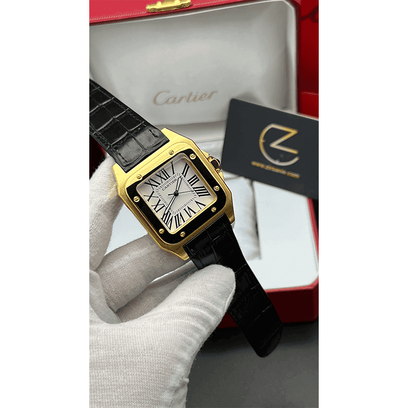 ساعت مچی کارتیر سانتوز (تک و ست) طلایی صفحه سفید Cartier Santos Golden White Screen — تصویر ۶