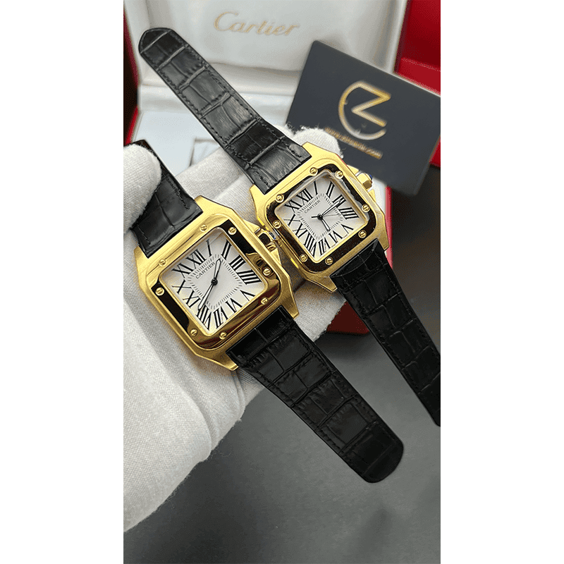 ساعت مچی کارتیر سانتوز (تک و ست) طلایی صفحه سفید Cartier Santos Golden White Screen — تصویر ۴