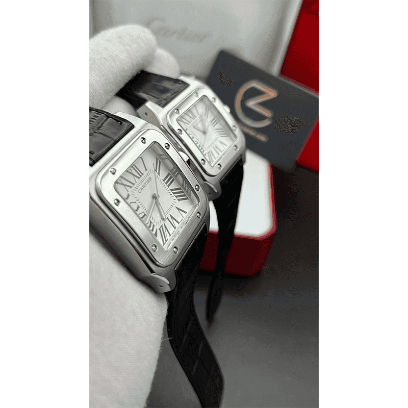 ساعت مچی کارتیر سانتوز (تک و ست) سیلور صفحه مشکی Cartier Santos Silver White Screen — تصویر ۲