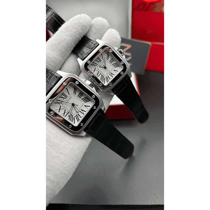 ساعت مچی کارتیر سانتوز (تک و ست) سیلور صفحه مشکی Cartier Santos Silver White Screen — تصویر ۳