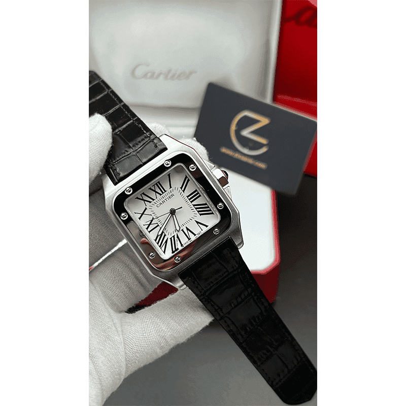 ساعت مچی کارتیر سانتوز (تک و ست) سیلور صفحه مشکی Cartier Santos Silver White Screen — تصویر ۶