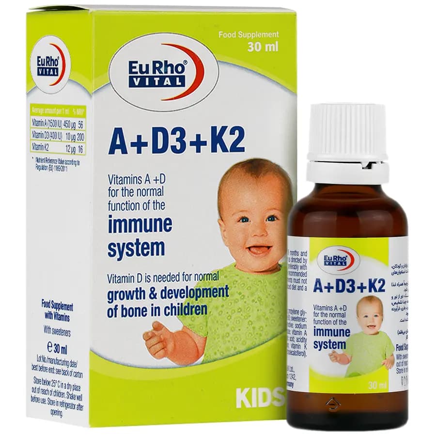 قطره خوراکی آ و د3 و کا2 کودکان یوروویتال (تاریخ نزدیک) A And D3 And K2 Kids Drop