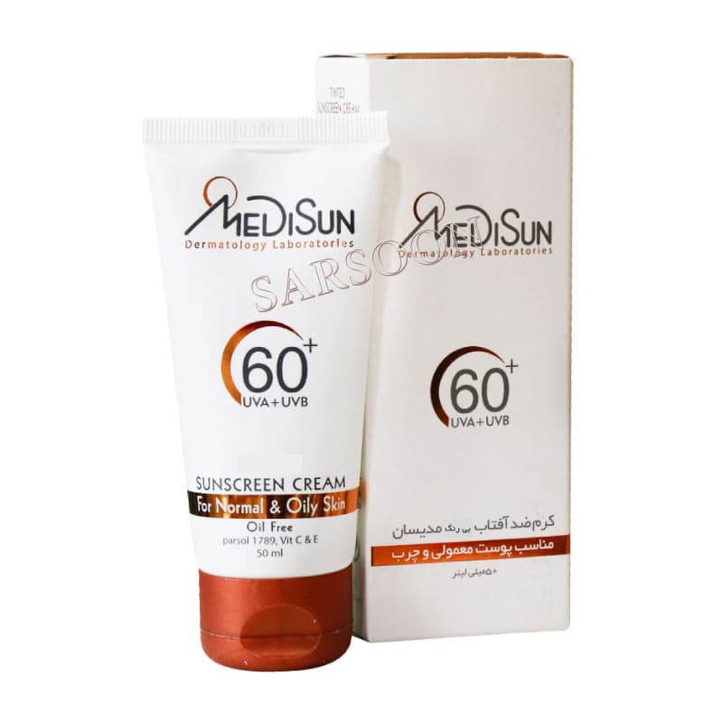 کرم ضد آفتاب SPF۶۰ مدیسان مناسب پوست چرب و معمولی بی رنگ ۵۰ میلی لیتر Medisun Sunscreen Cream For Normal And Oily Skin — تصویر ۲