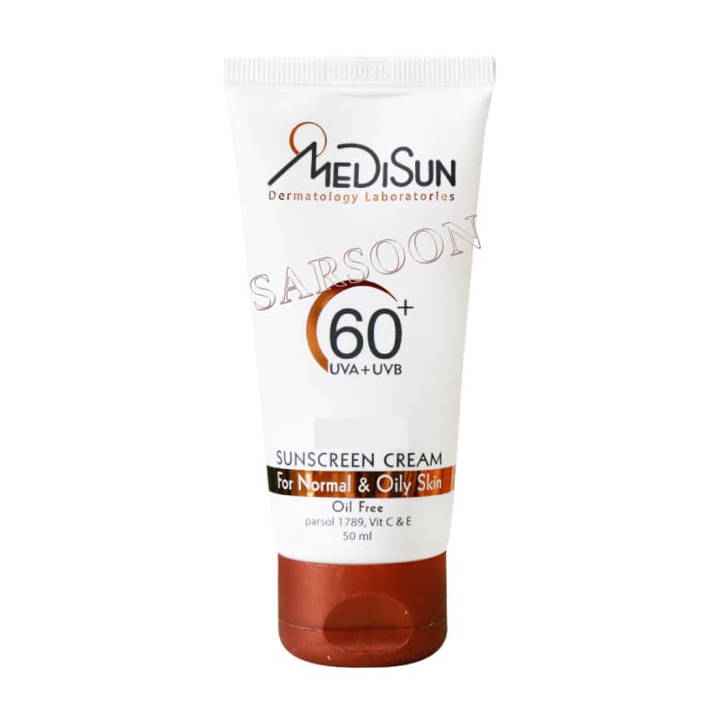 کرم ضد آفتاب SPF۶۰ مدیسان مناسب پوست چرب و معمولی بی رنگ ۵۰ میلی لیتر Medisun Sunscreen Cream For Normal And Oily Skin