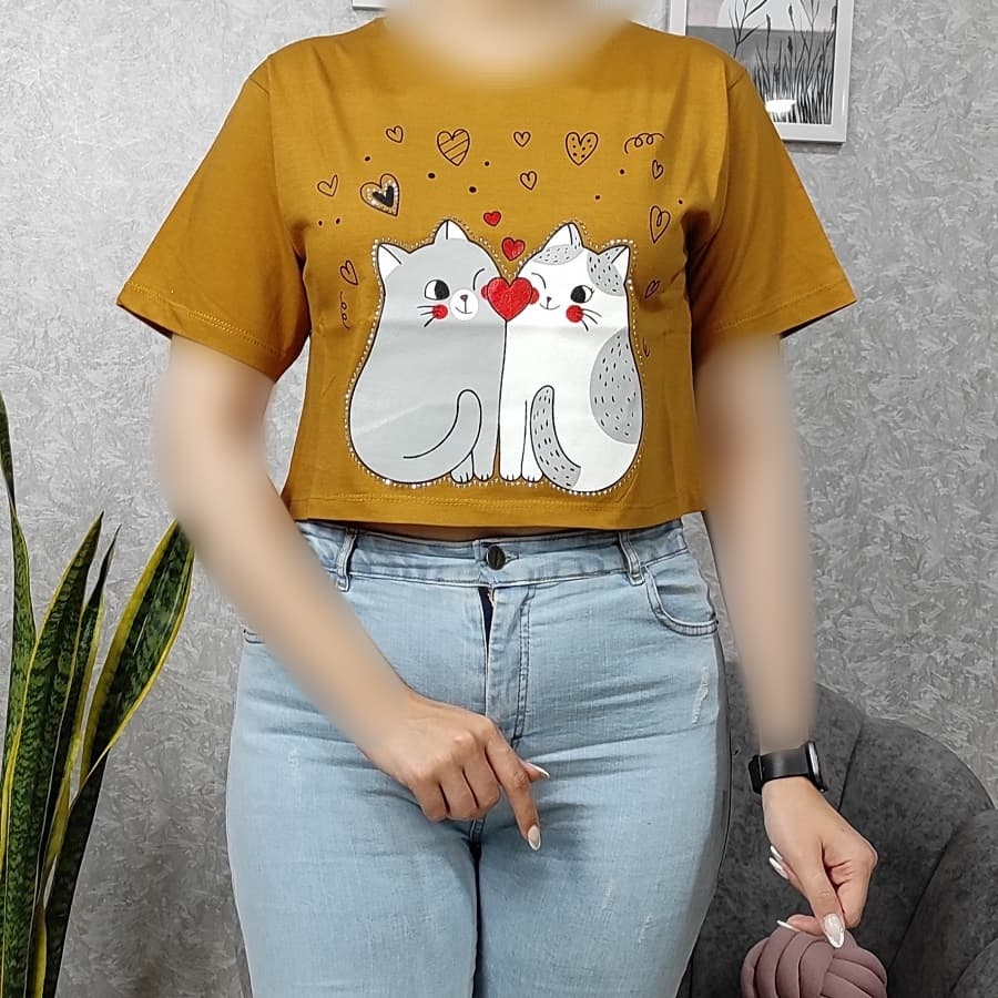 تیشرت کراپ زنانه طرح دو گربه