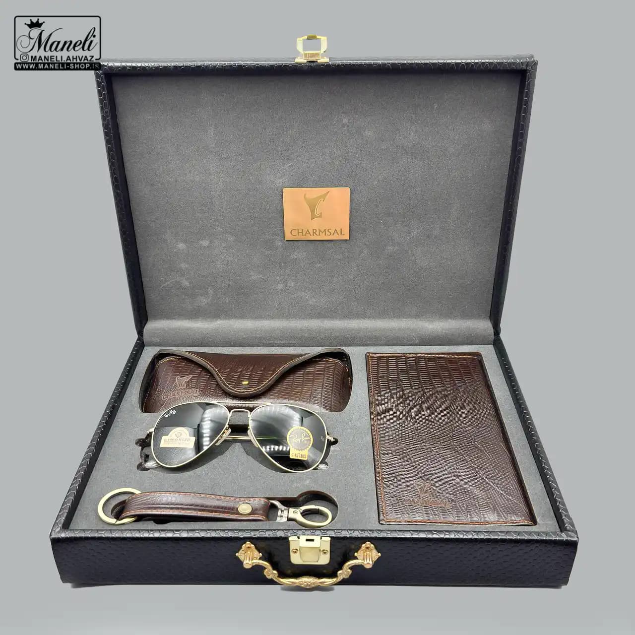 ست چرم و عینک Ray-Ban چهارتکه چرمسال | چرم طبیعی قهوه ای 14040524