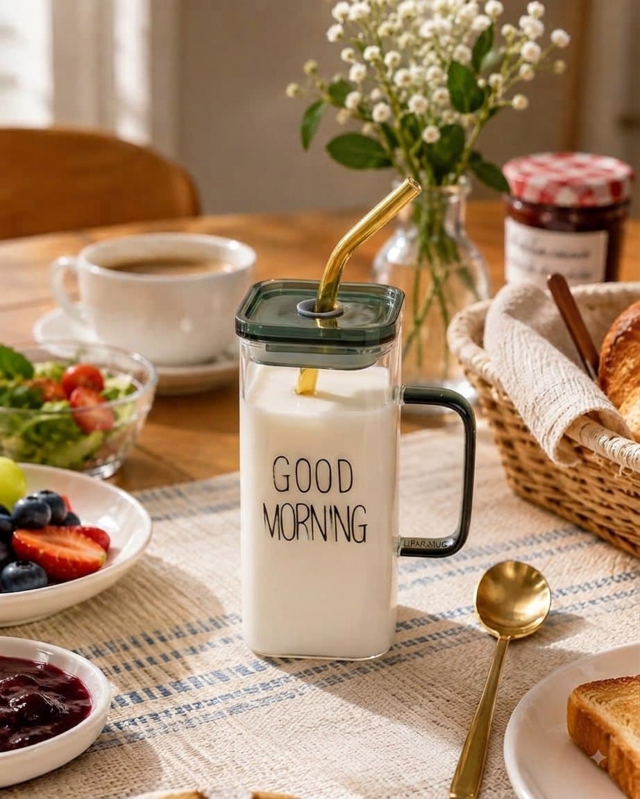 ماگ بلند پیرکس گودمورنینگ دسته رنگی درب دار GOOD MORNING کد 7660