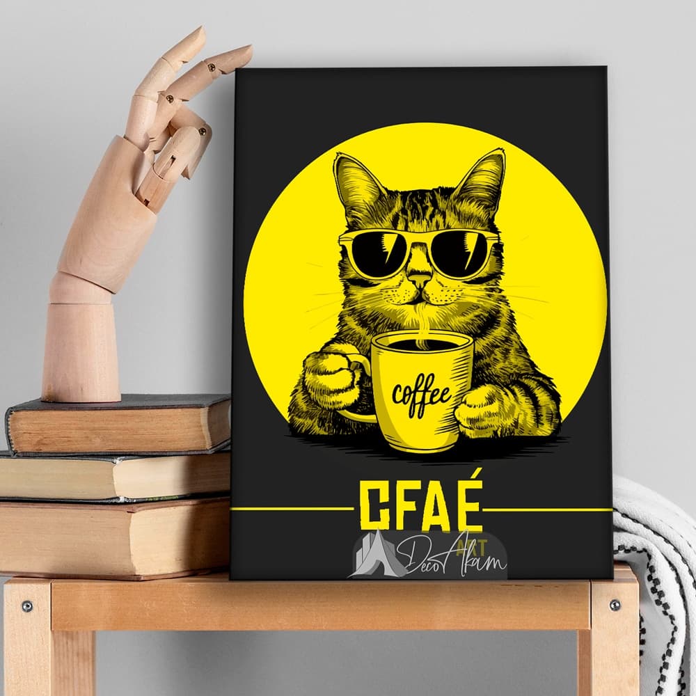 تابلو دکوراتیو طرح گربه قهوهنوش (CFAE Art) مناسب دکور کافه مدرن و آشپزخانه – DA-4029