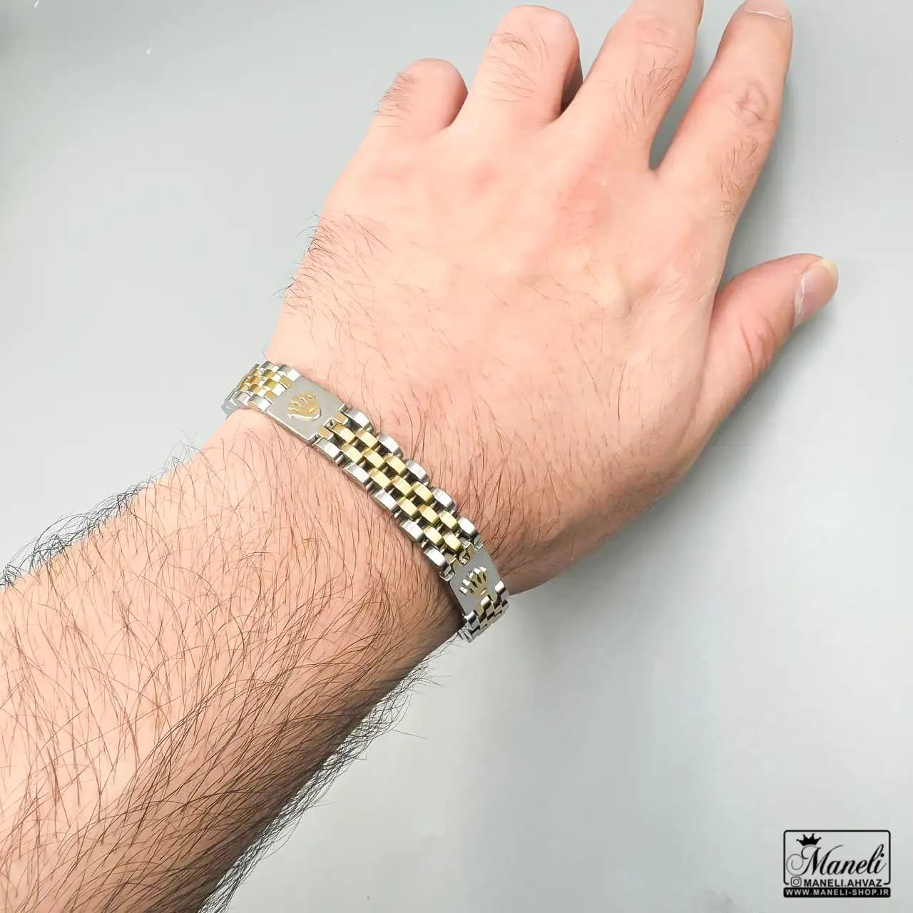 دستبند مردانه دورنگ (طلایی نقره ای) با لوگوی رولکس | استیل درجه یک 14040423