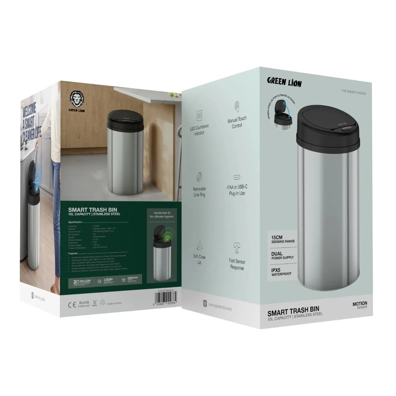 سطل زباله هوشمند استیل ۱۵ لیتری مدل Smart Trash Bin گرین لاین — تصویر ۲