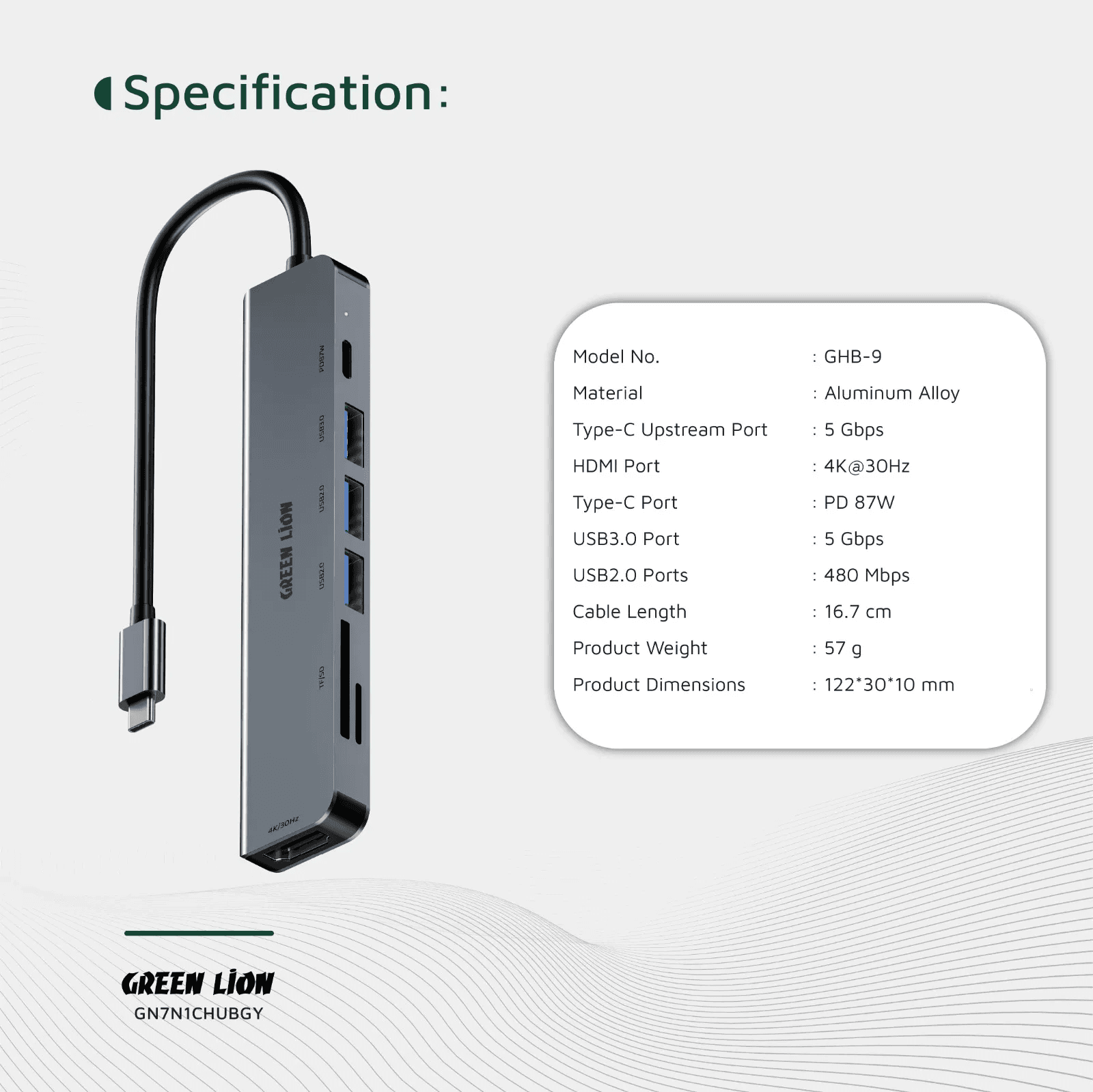 هاب تایپ سی ۷ کاره گرین لاین مدل Green Lion GHB‑9 — تصویر ۵