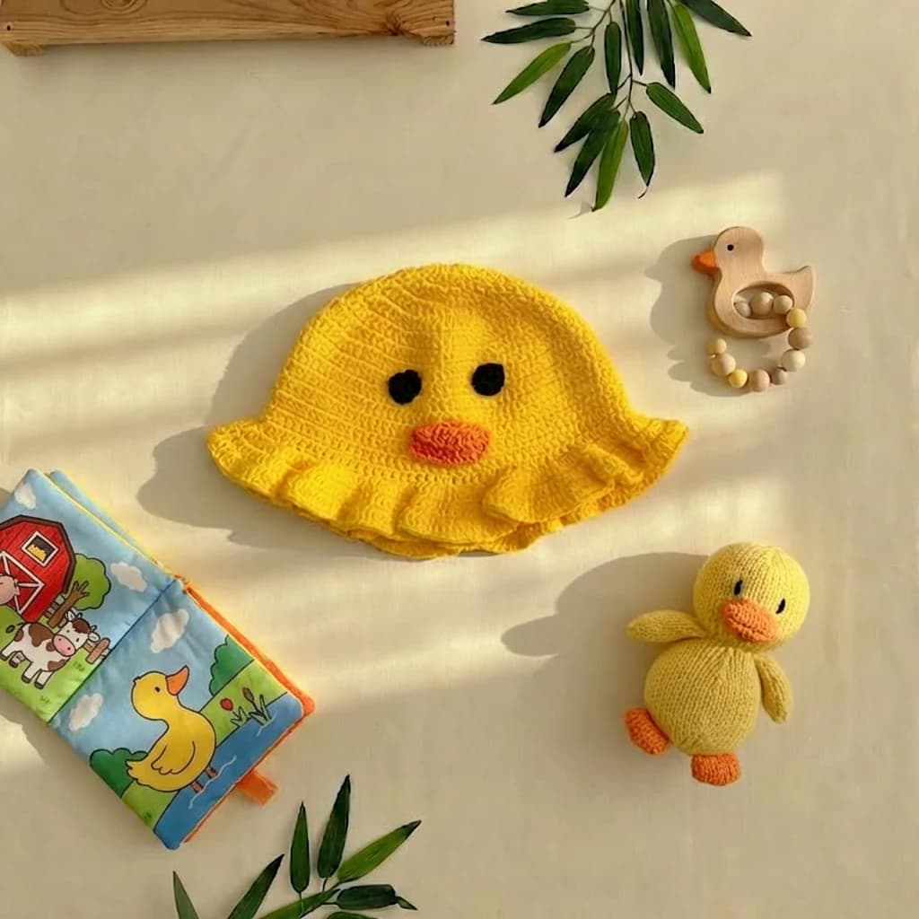 کلاه نوزادی دست بافت طرح جوجه رنگ زرد برند totobaby