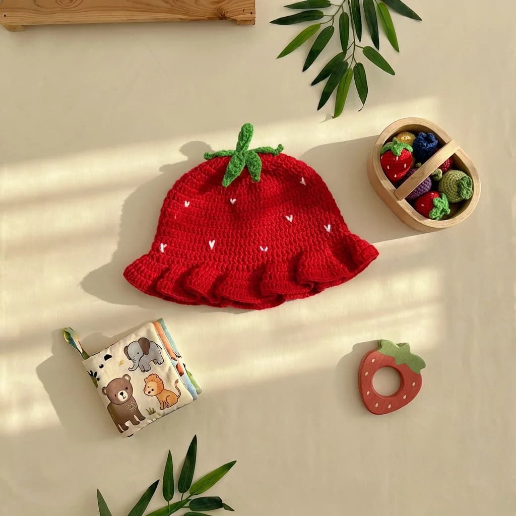 کلاه نوزادی دست بافت طرح توت فرنگی رنگ قرمز برند totobaby