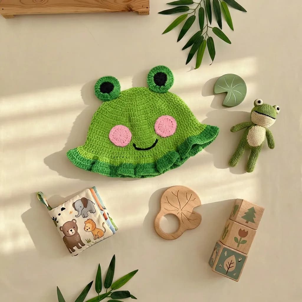 کلاه نوزادی دست بافت طرح قورباغه رنگ سبز برند totobaby