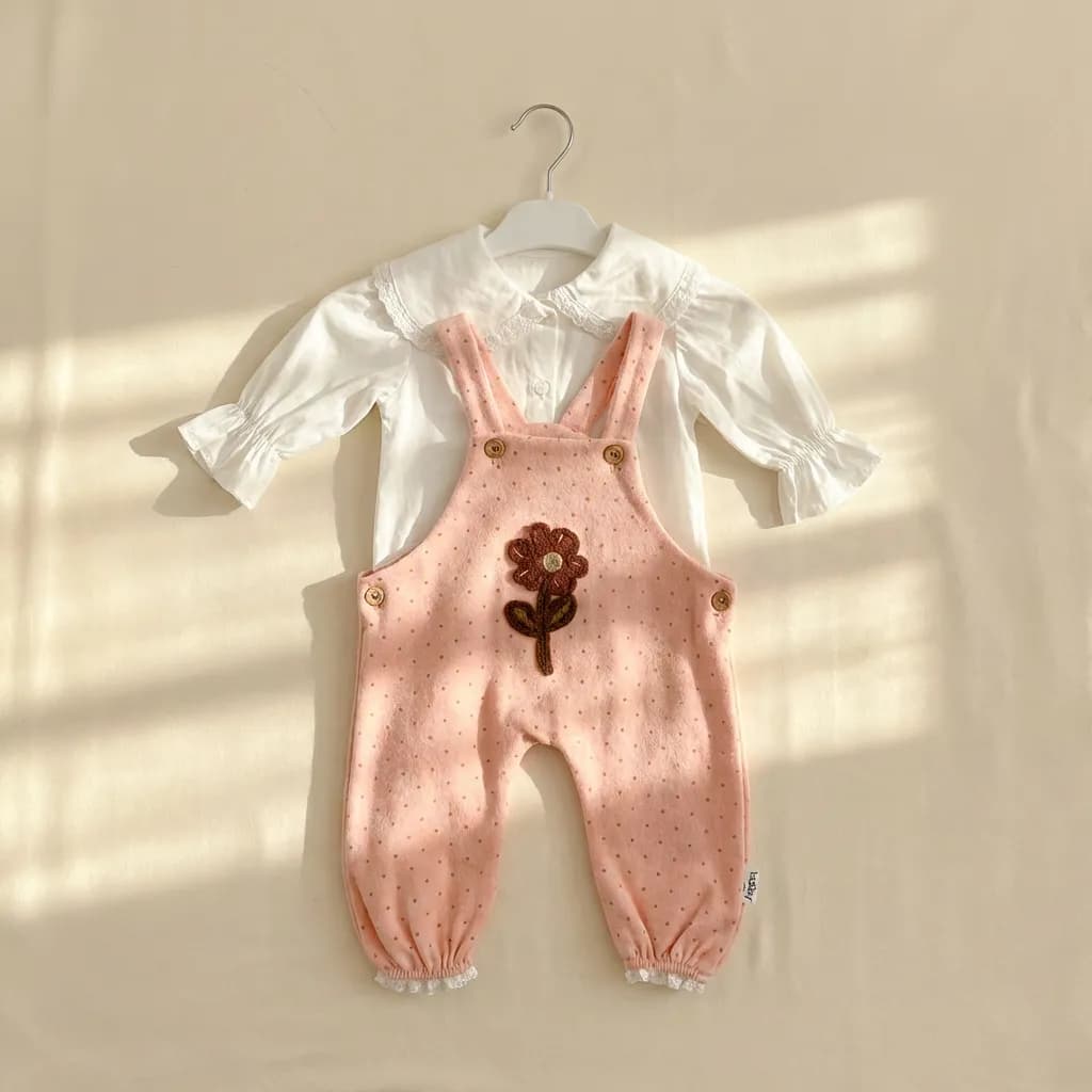 ست 2 تیکه دخترانه وارداتی ترک بلوز و بیلر نوزادی طرح گل رنگ صورتی سفید برند Bobby Baby