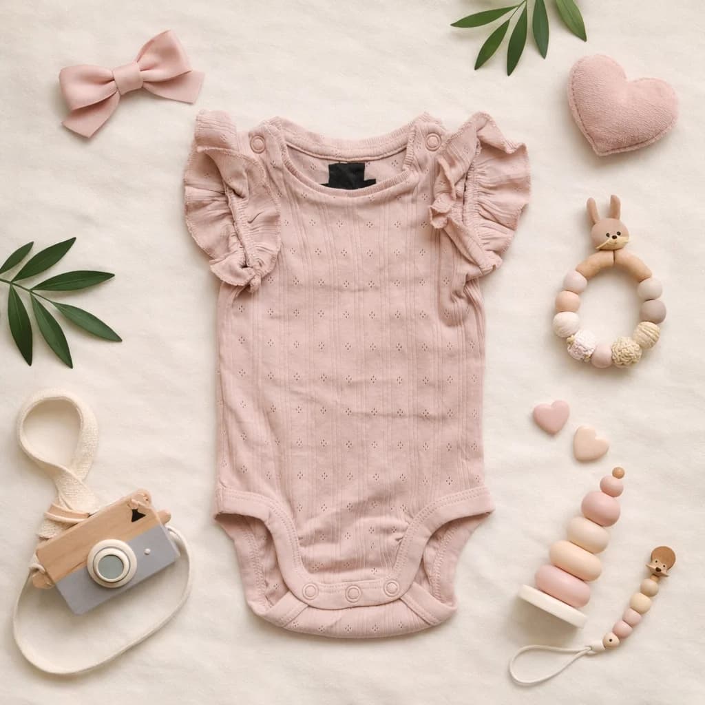 بادی آستین کوتاه نوزادی وارداتی آستین چین دار رنگ صورتی برند H&M