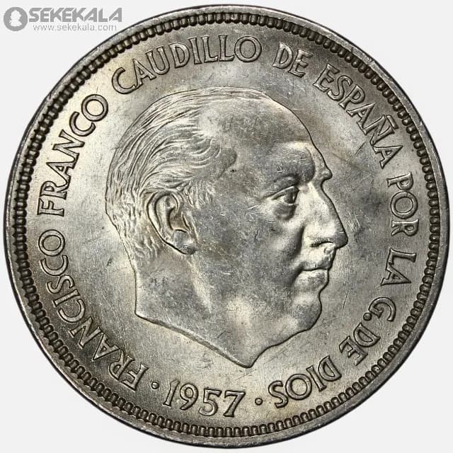 سکه 25 پزوتا اسپانیا 1957 (فرانسیسکو فرانکو)(UNC) — تصویر ۲