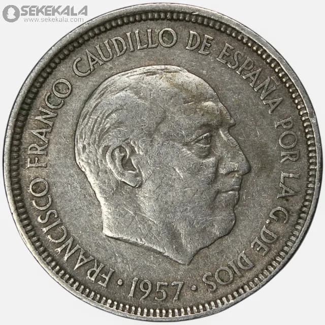 سکه 5 پزوتا اسپانیا 1957 (فرانسیسکو فرانکو) — تصویر ۲