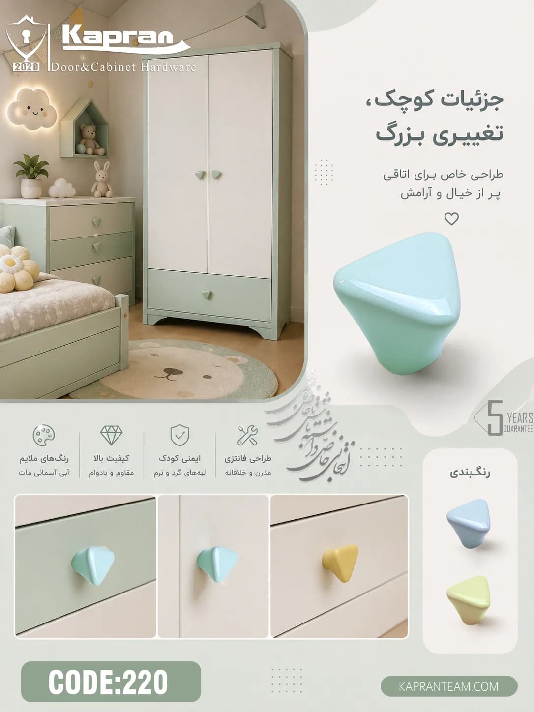 دستگیره تک پیچ عروسکی سرامیکی مثلث برند کاپران — تصویر ۳